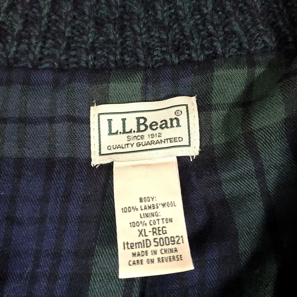 LL Bean Shacket Lambswool Cardigan‎ Sweater XL Blue Green Plaid Flannel Lined